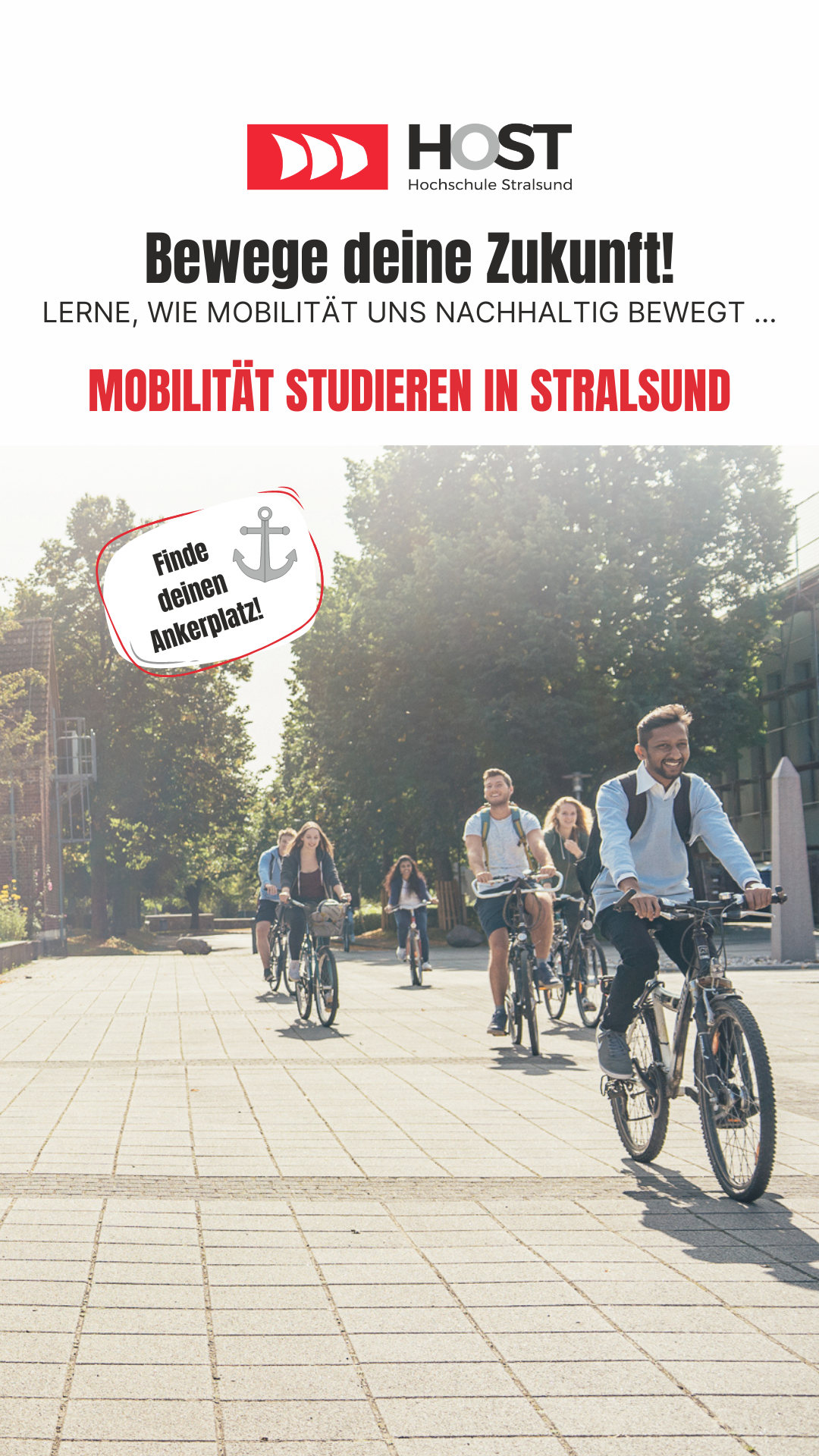 Anzeige: Eine Gruppe von Studierenden mit ihren Fahrrädern auf dem Campus.
