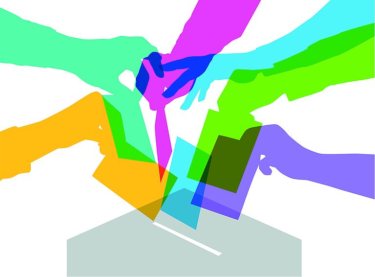 Grafik die Hände zeigt, welche Ihren Stimmzettel in eine Wahlurne werfen.