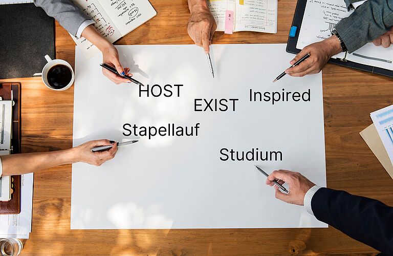 Hände weisen mit Stiften auf ein Blatt auf dem HOST, Studium, Stapellauf, Gründung und EXIST stehen. 