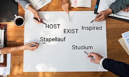 Hände weisen mit Stiften auf ein Blatt auf dem HOST, Studium, Stapellauf, Gründung und EXIST stehen. 
