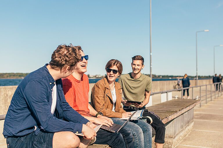 Studierende sitzen mit Laptop und Co. am Stralsunder Hafen, lernen, quatschen und haben Spaß dabei.