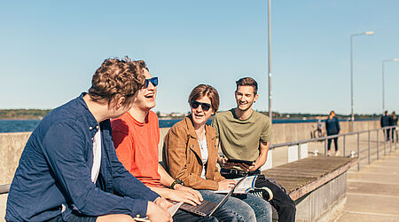 Studierende sitzen mit Laptop und Co. am Stralsunder Hafen, lernen, quatschen und haben Spaß dabei.