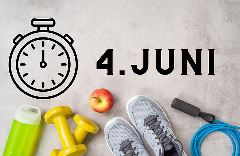 Designgrafik zum Artikel: Wasserflasche, Hanteln, Springseil und Sportschuhe sind auf dem Boden platziert