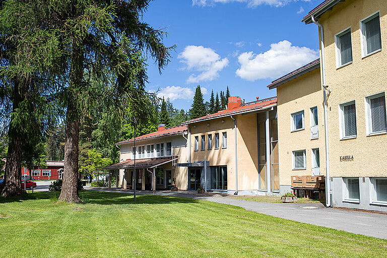 gelbes Gebäude der Häme University mit Wiese und 2 großen Nadelbäumen