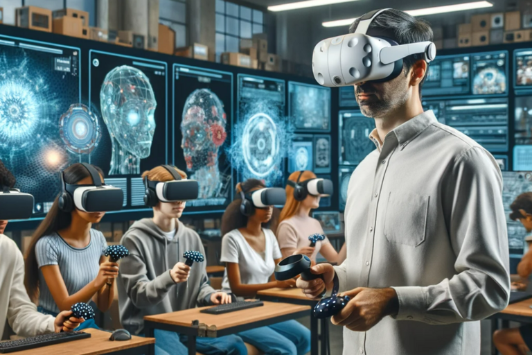 ein KI generiertes Bild, das Studierende mit VR-Brillen an Tischen sitzenden und einen vermeintlichen Dozenten vor ihnen mit VR-Brille stehend zeigt